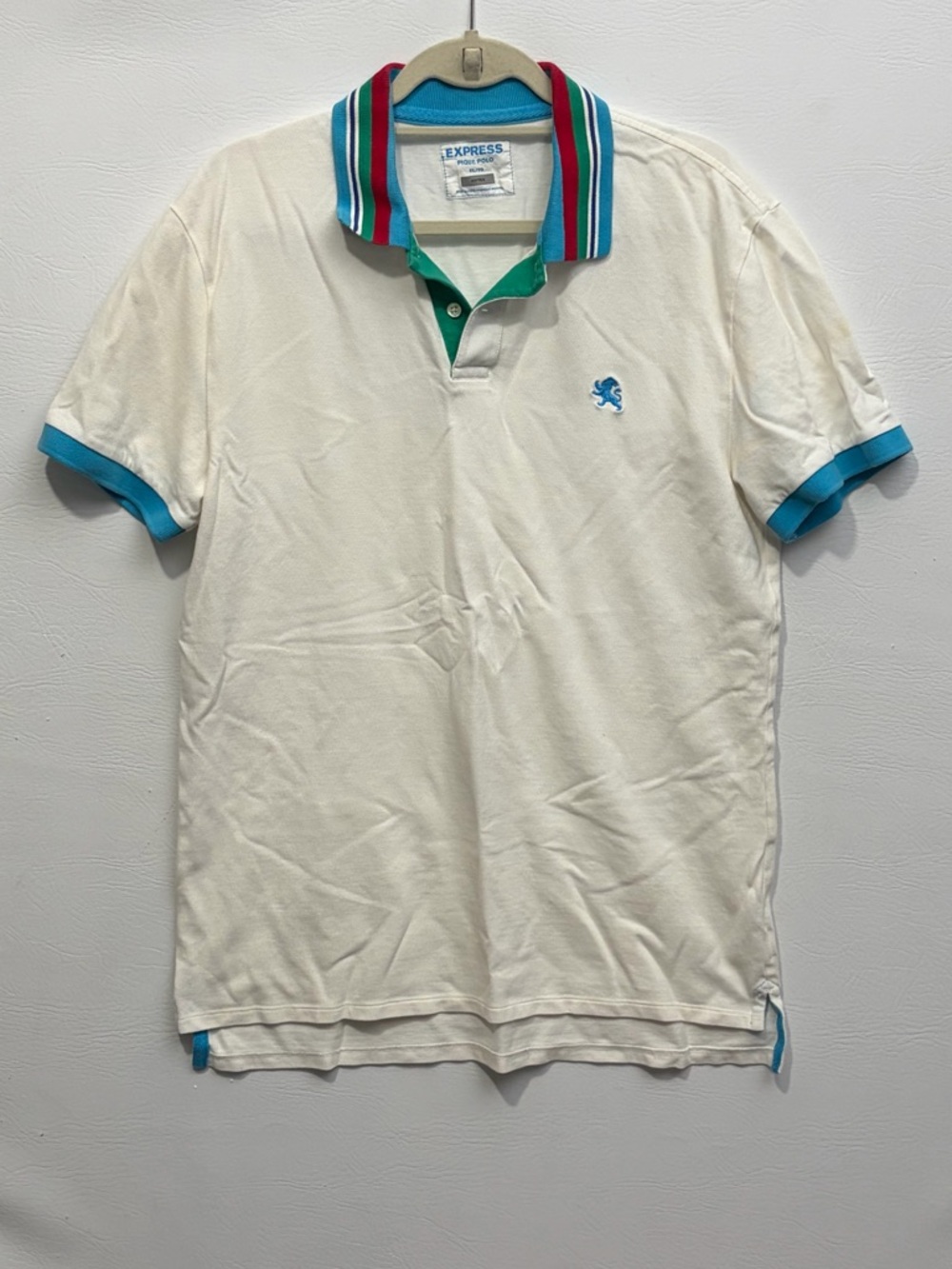 Express White Polo with Teal Trim and Multicolor Striped Collar XL